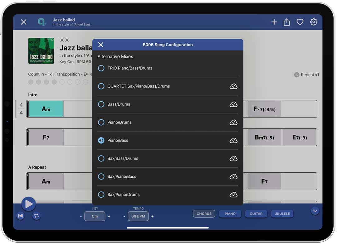 Quartet app song configuration screen showing 8 alternative mixes to choose from