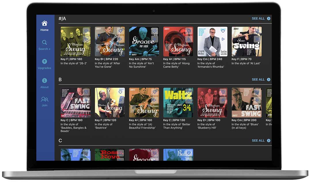 The Quartet jazz standards music app running on 'Apple silicon' Macbook Pro