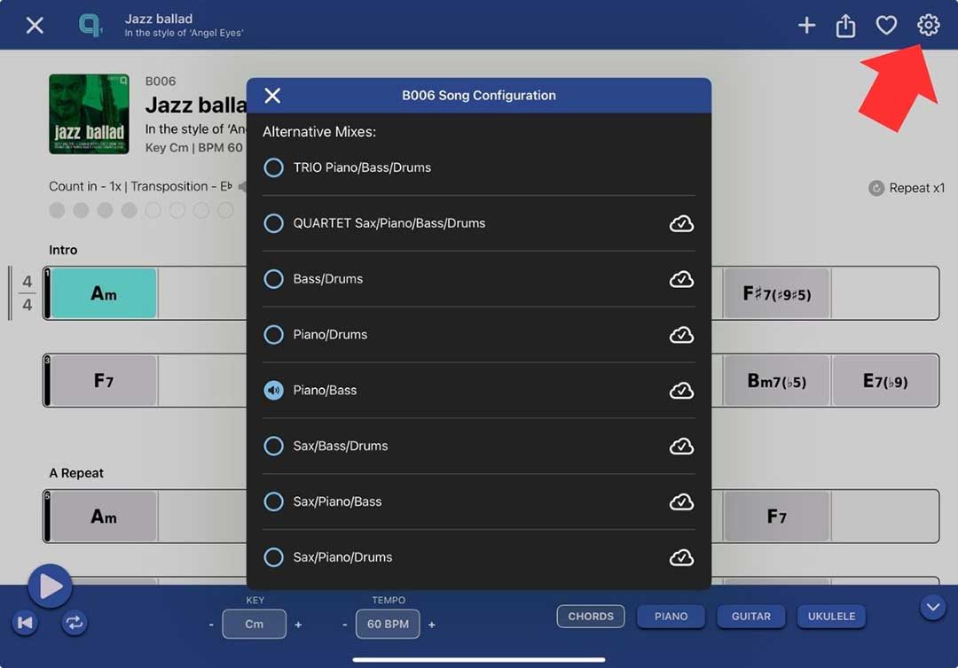 Quartet jazz standards play-along app - song configuration screen showing 8 alternative mixes. Quartet jazz standards play-along app - song configuration screen showing 8 alternative mixes.
