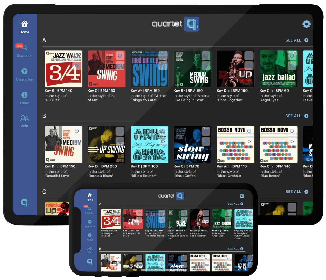 The Quartet jazz standards play along music apps for iPad, iPhone and 'Apple Silicon' Macs