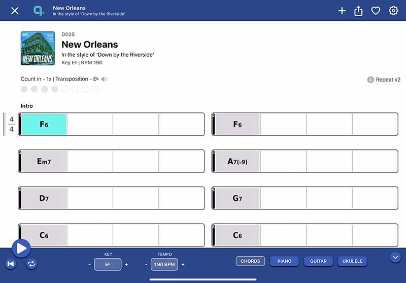 Quartet jazz standards play-along app - chords screen 2025