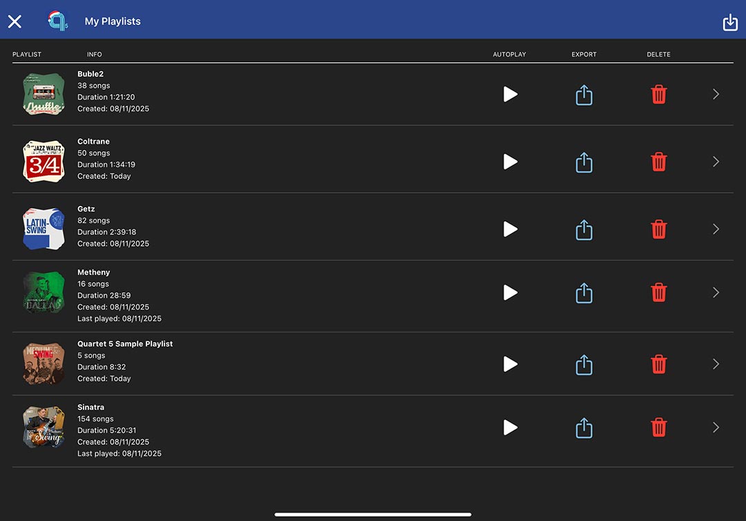 My Playlists - Quartet jazz standards playalong app