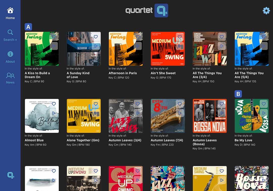 The Quartet 6 Home screen and Global Settings 'gear' icon