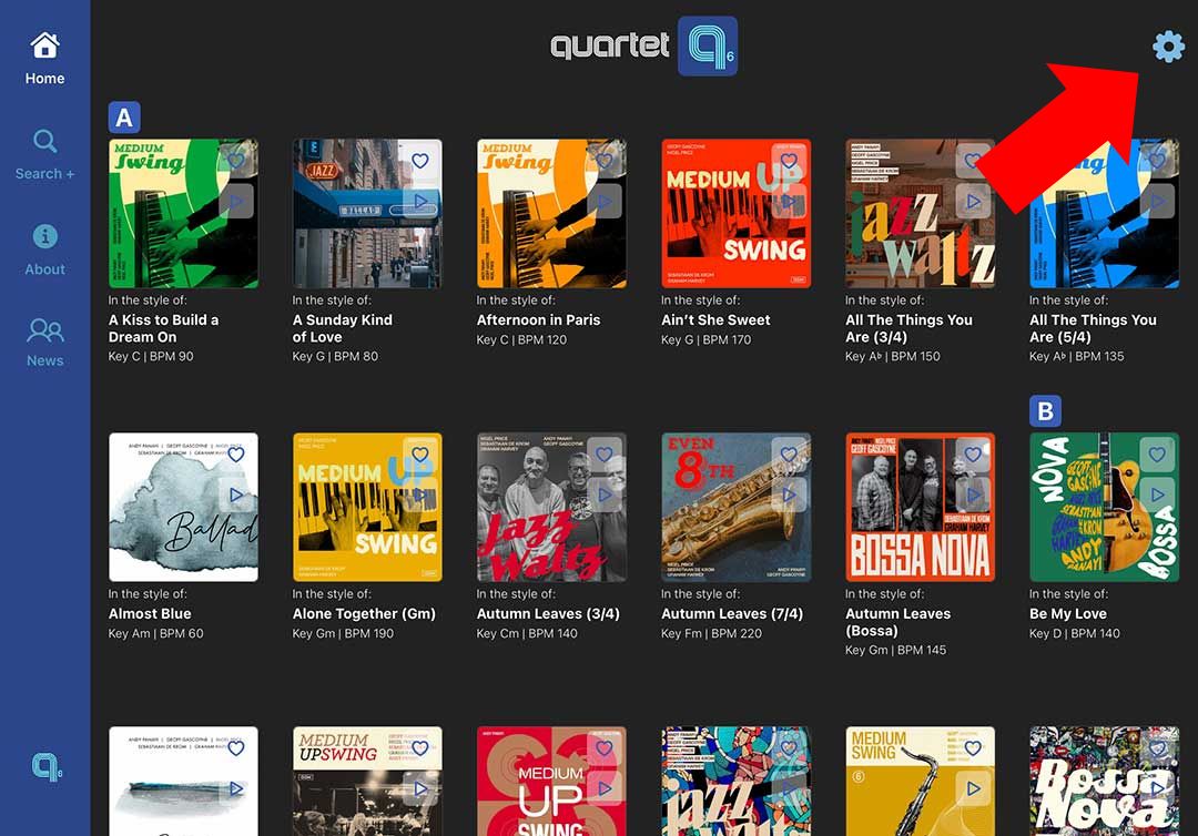 The Quartet 6 Home screen and Global Settings 'gear' icon